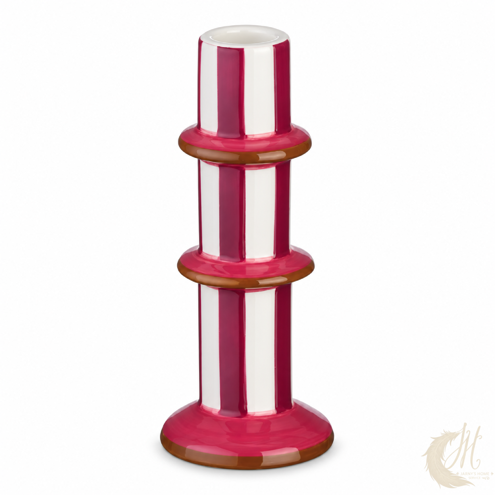 bougeoir-ceramique-raye-rose-blanc