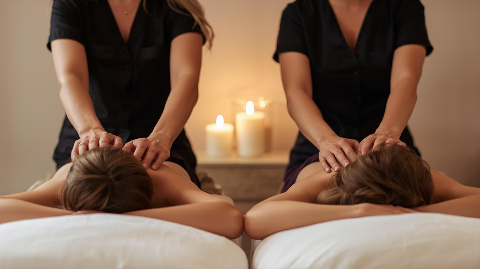 genere moi une image d un massage du dos en duo je veux 2 praticiennes habille d une blouse noire en train de masser et deux clientes mere et jeu