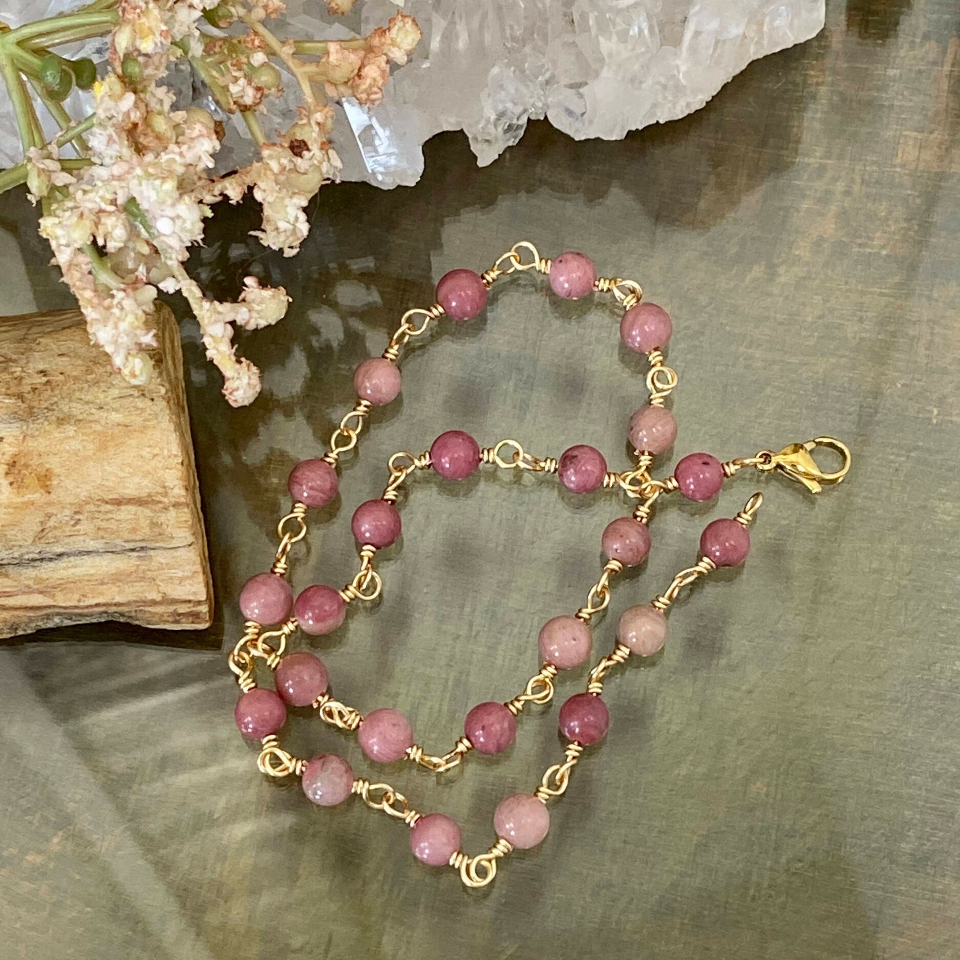 Bracelet double rang en rhodonite, pièce unique
