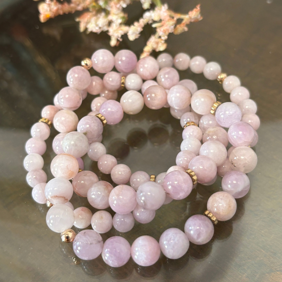 Bracelet en Kunsite 8 mm et 6 mm et hématites dorées