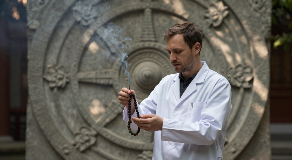 chercheur tenant mala dans temple