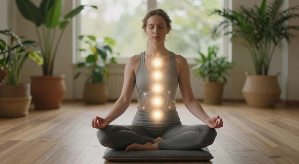 personne meditant avec sept vortex lumineux