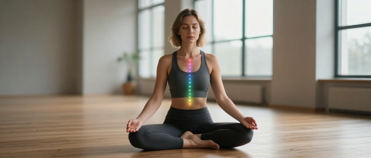 femme meditant avec chakras visibles