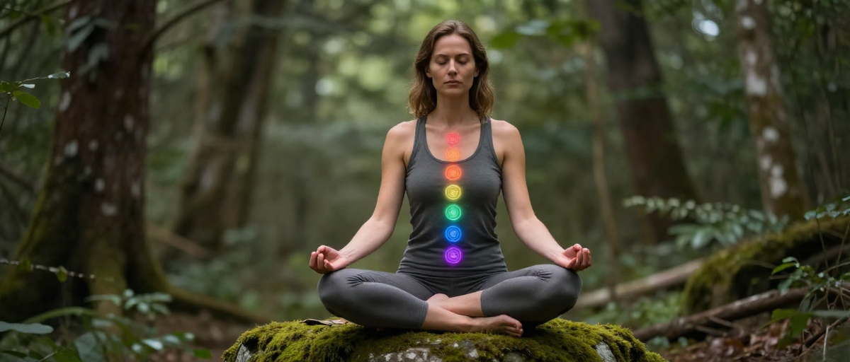 femme meditant sur rocher mousseux dans foret