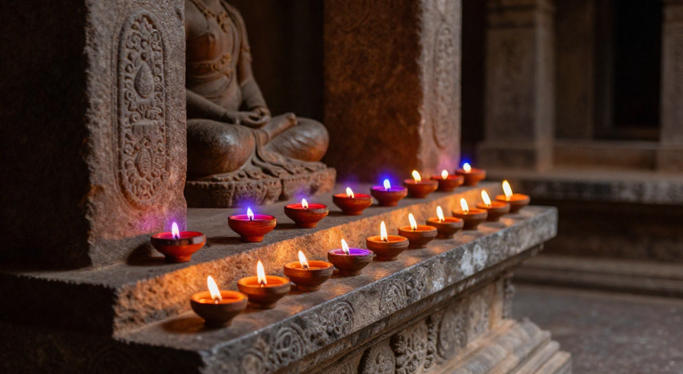 temple sombre et lampes a huile
