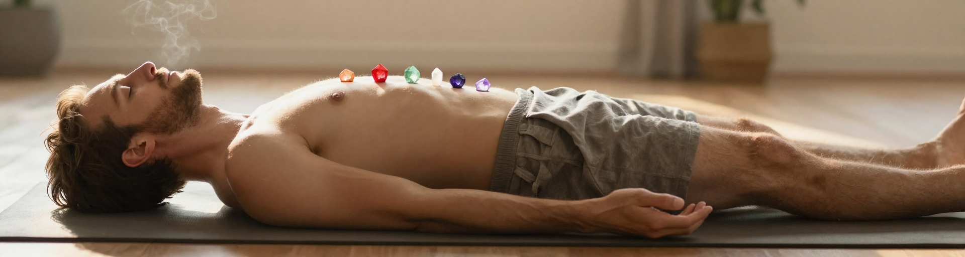 homme allonge avec sept cristaux chakras