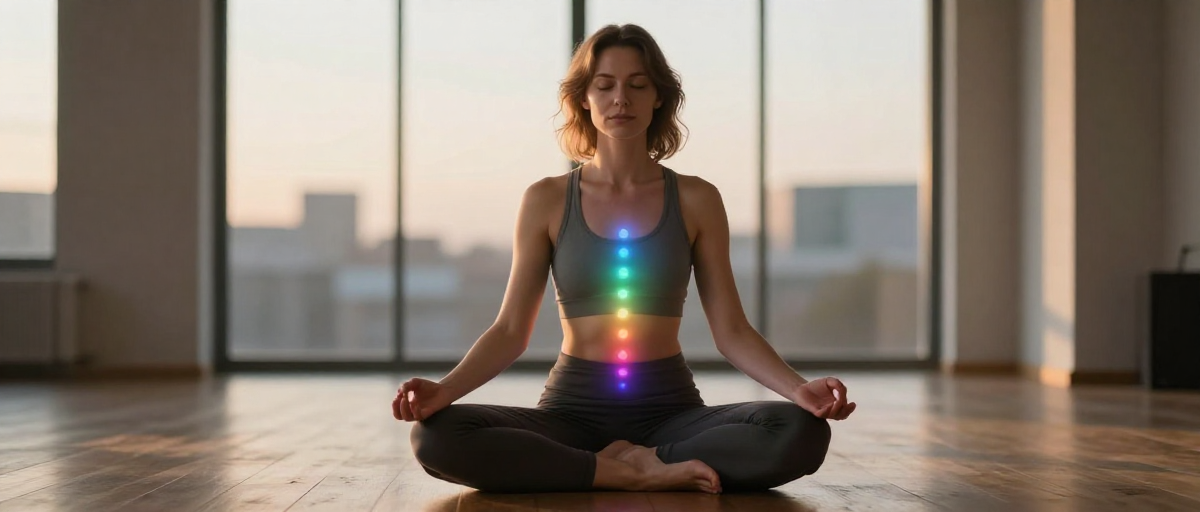 femme meditant avec sept chakras lumineux