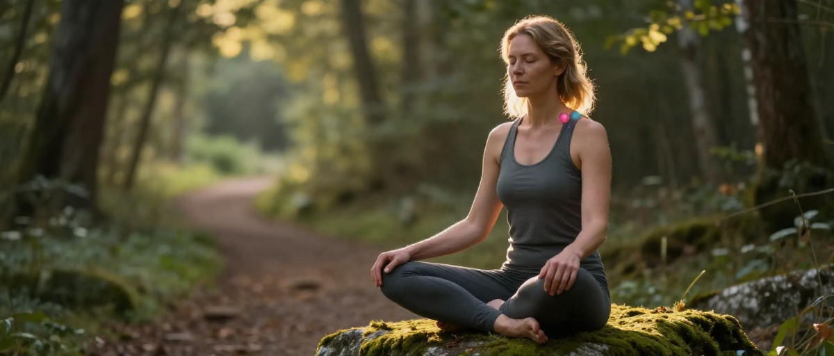femme meditante en foret chakras visibles