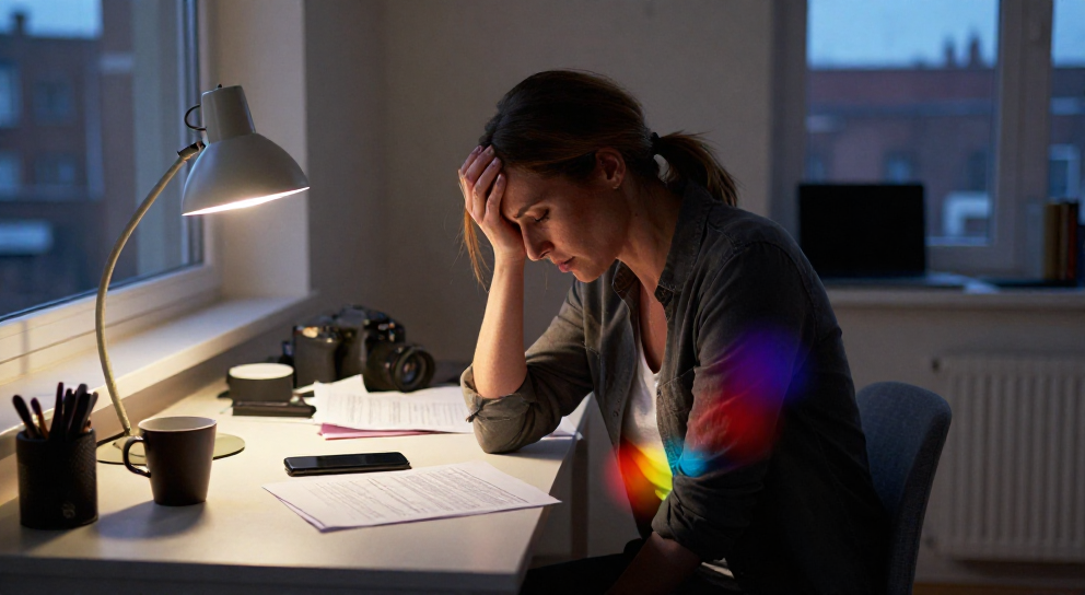 femme fatiguee en stress dans un appartement urbain