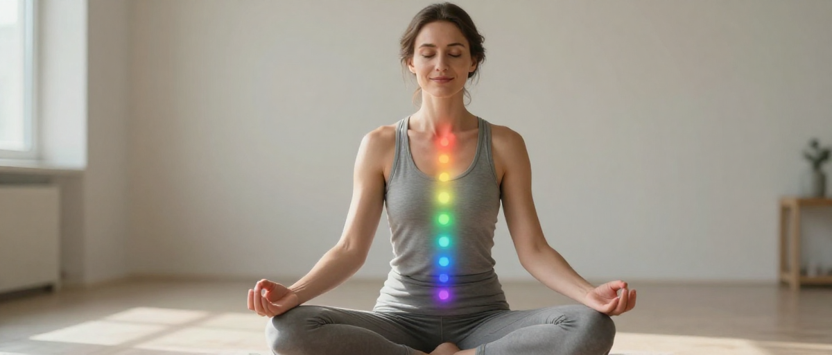 femme meditante avec chakras actives