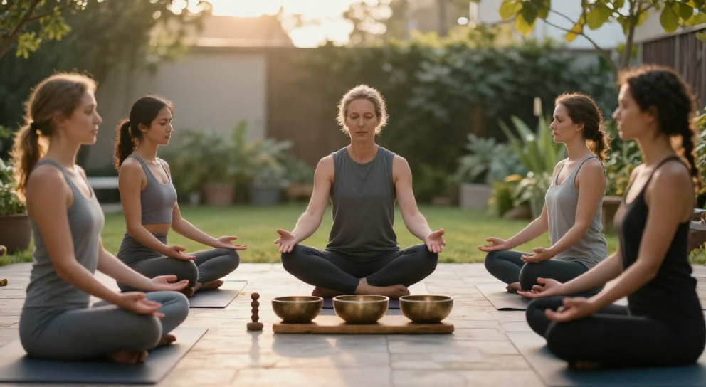 enseignant yoga guidant trois eleves