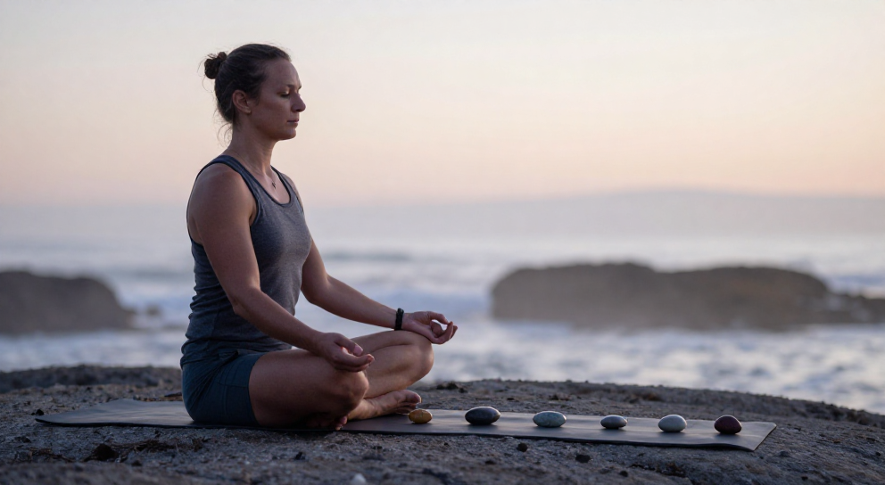 yoga chakra sur rocher au petit jour