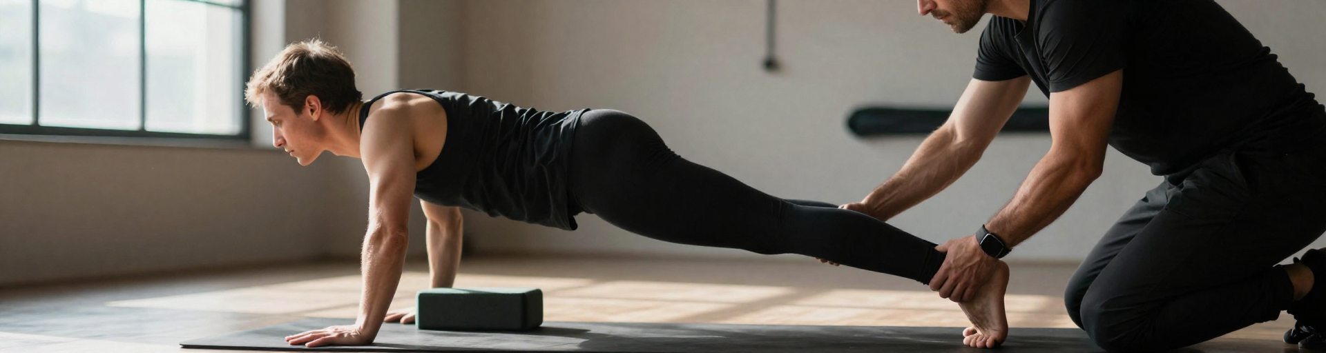 eleve de yoga et instructeur ajustant bloc
