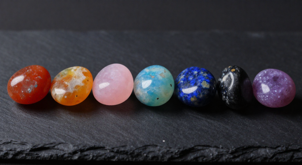 sept pierres chakra sur ardoise noire