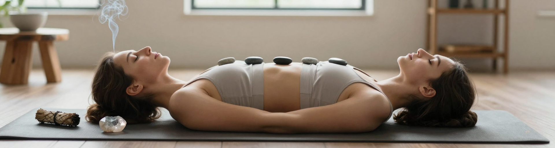 femme en meditation avec pierres chakra alignees
