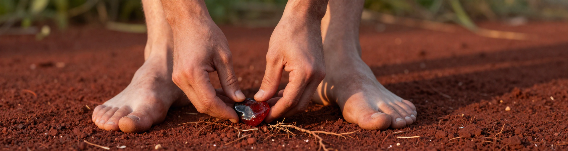 pieds nus sur terre rouge et pierres