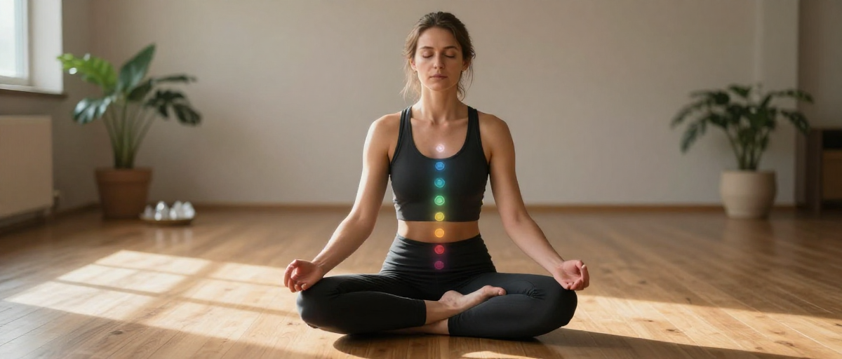 femme meditante avec chakras lumineux