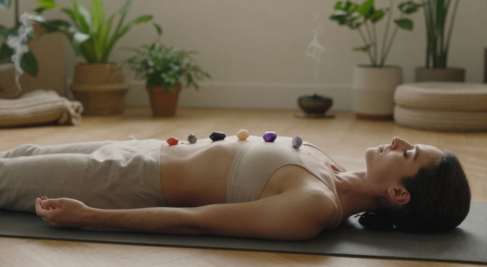personne allongee sur tapis yoga chakras