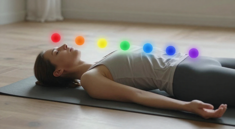 personne allongee meditation des chakras