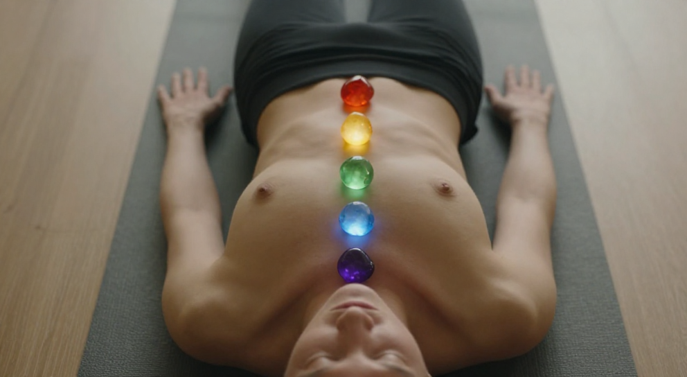 personne allongee avec cristaux chakra colores