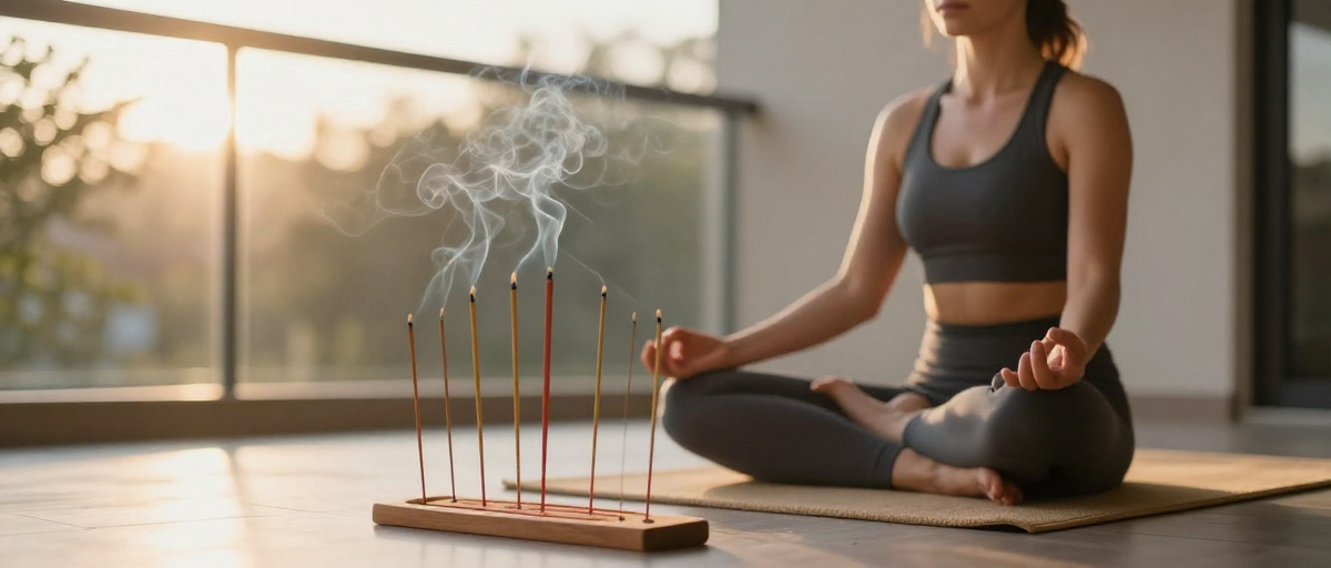 femme praticienne yoga meditant pres des encens