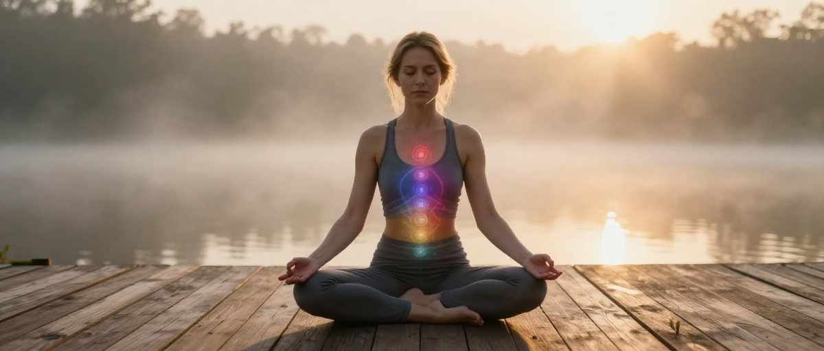 femme meditante chakras visibles