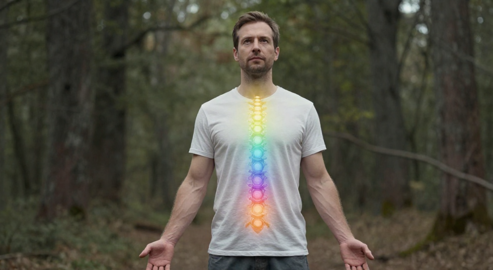 homme avec aura translucide et chakras
