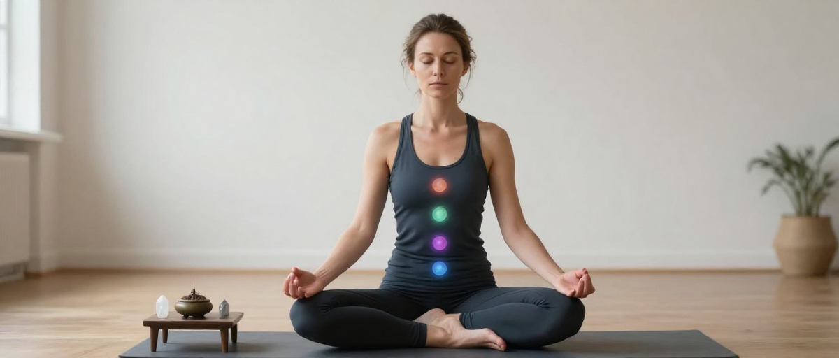 femme caucasienne meditant chakras lumineux