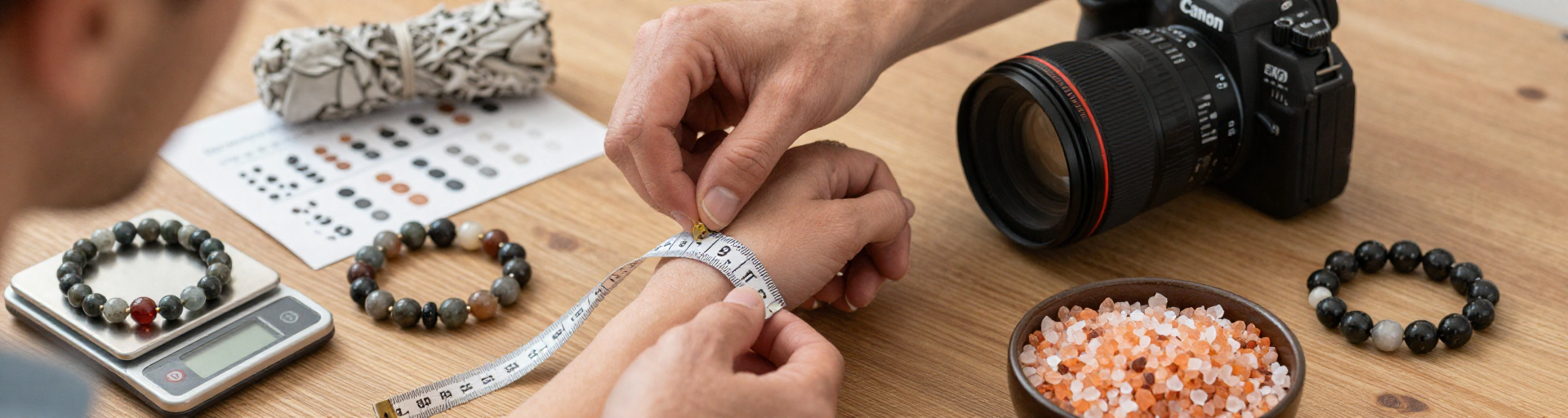 mains mesurant bracelet et perles