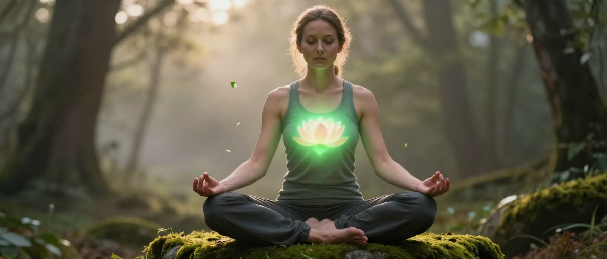 femme caucasienne meditante foret brumeuse