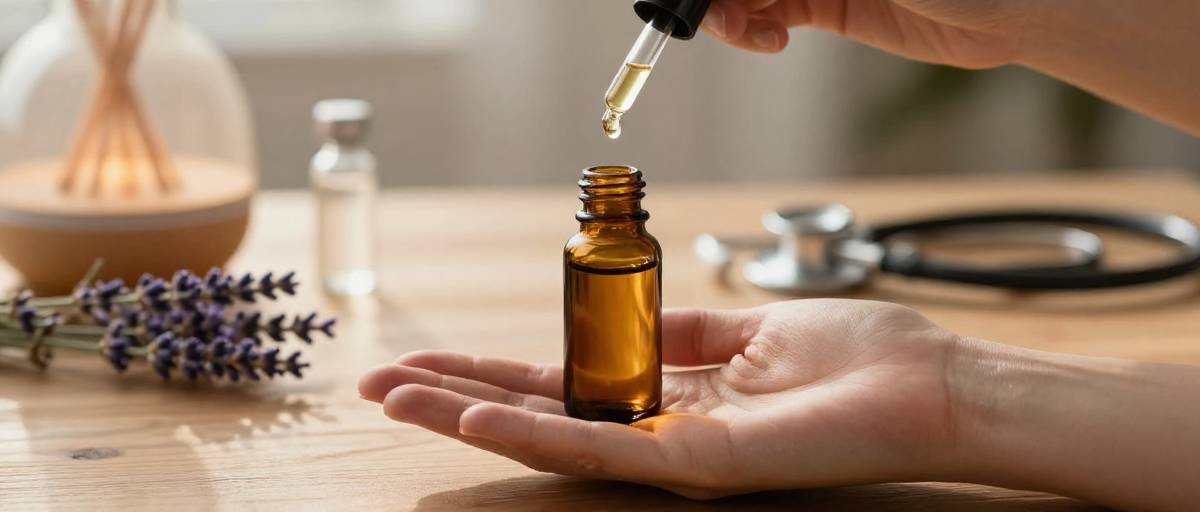 bouteille ambree huile essentielle sur paume ouverte