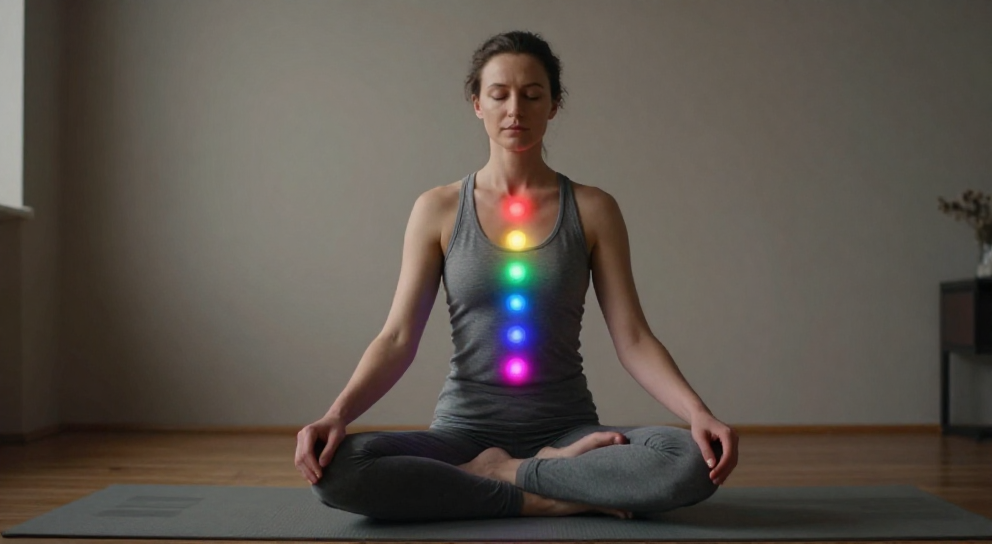 personne meditant avec chakras visibles