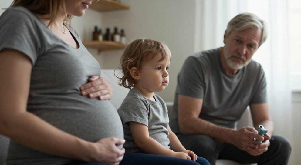 femme enceinte enfant et adulte avec inhalateur