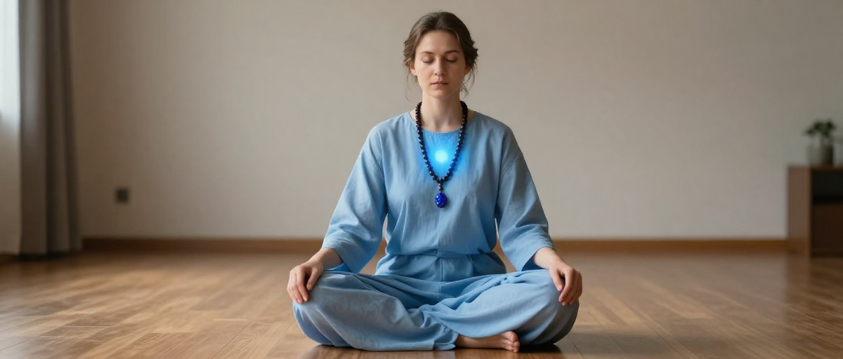 femme meditante aura bleue au cou