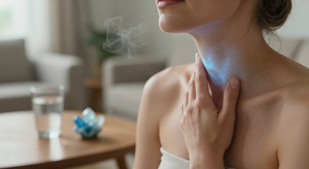 femme touchant sa gorge en lumiere bleue
