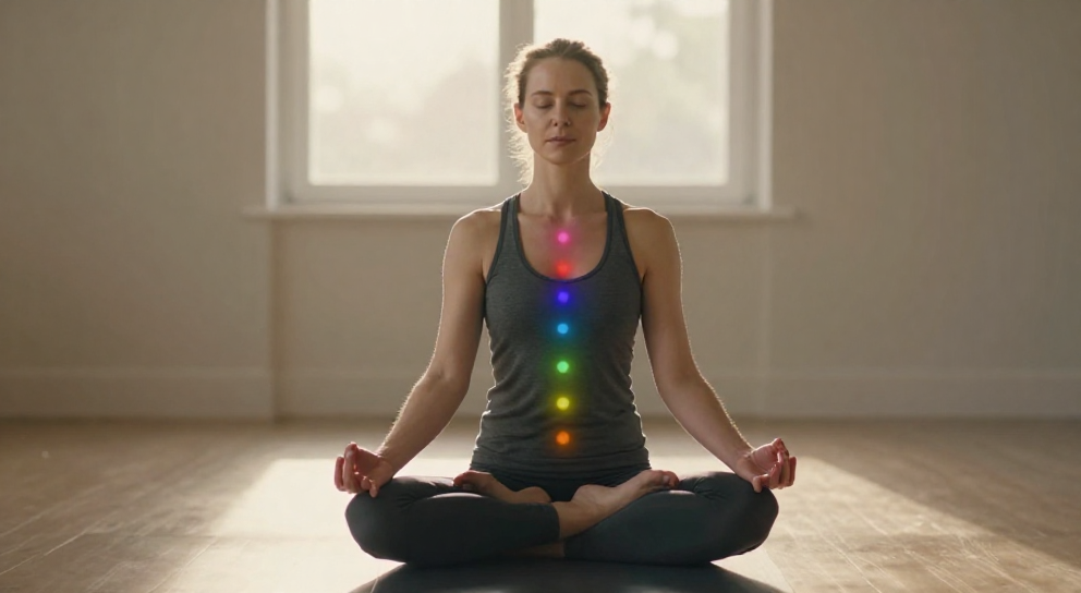 femme meditative avec chakras visibles