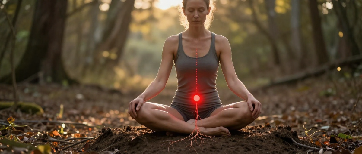 femme meditant sur le chakra racine en foret
