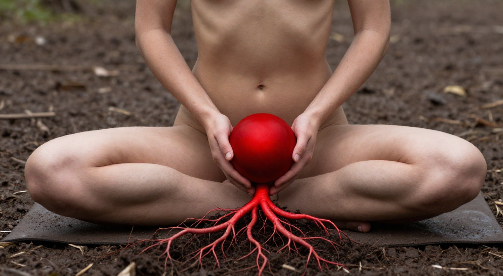 torso nu en plein air avec sphere rouge