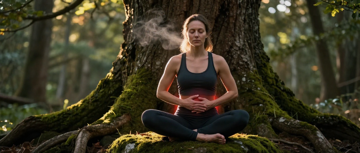 femme assise en foret meditant