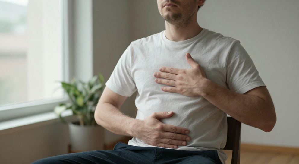 homme caucasien en respiration abdominale