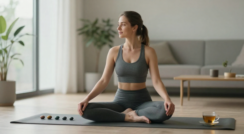 femme caucasienne meditante dans salon minimaliste