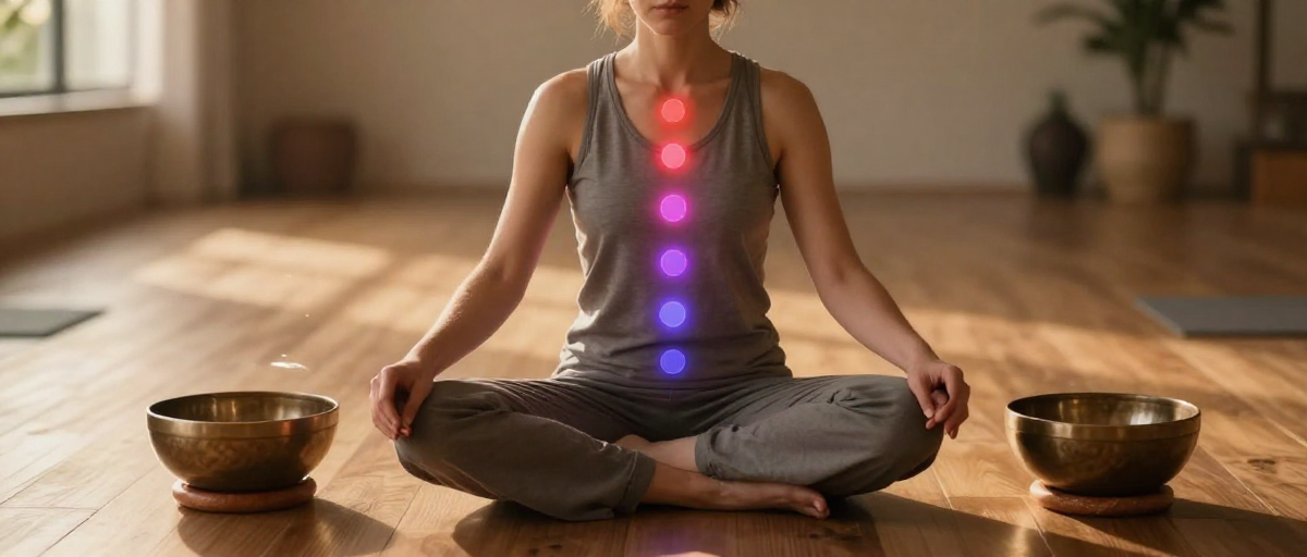 pratiquant meditation chakra et bols chantants