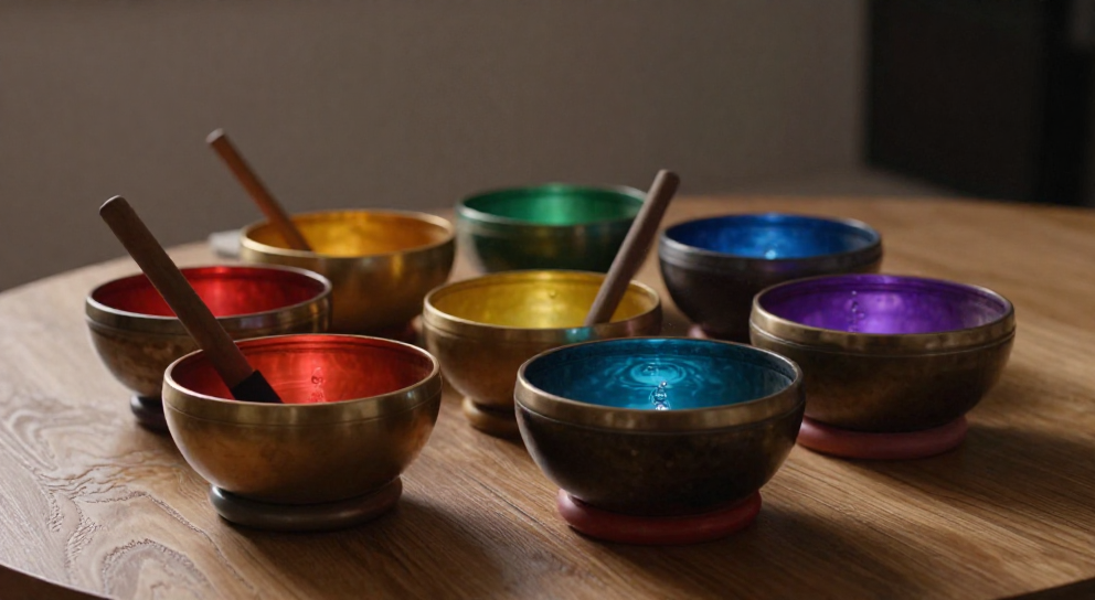 chakras bols lumineux sur bois