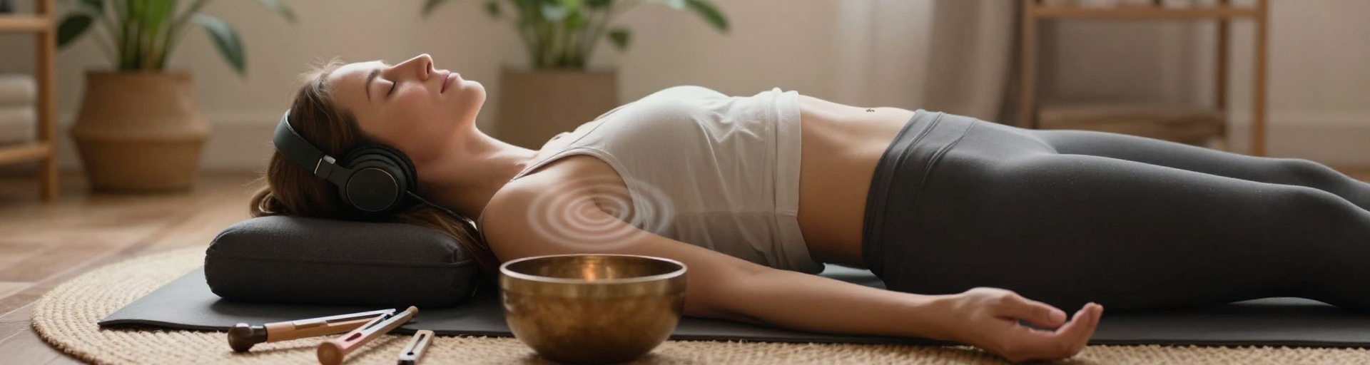 femme meditante sur coussin et bols tibetains