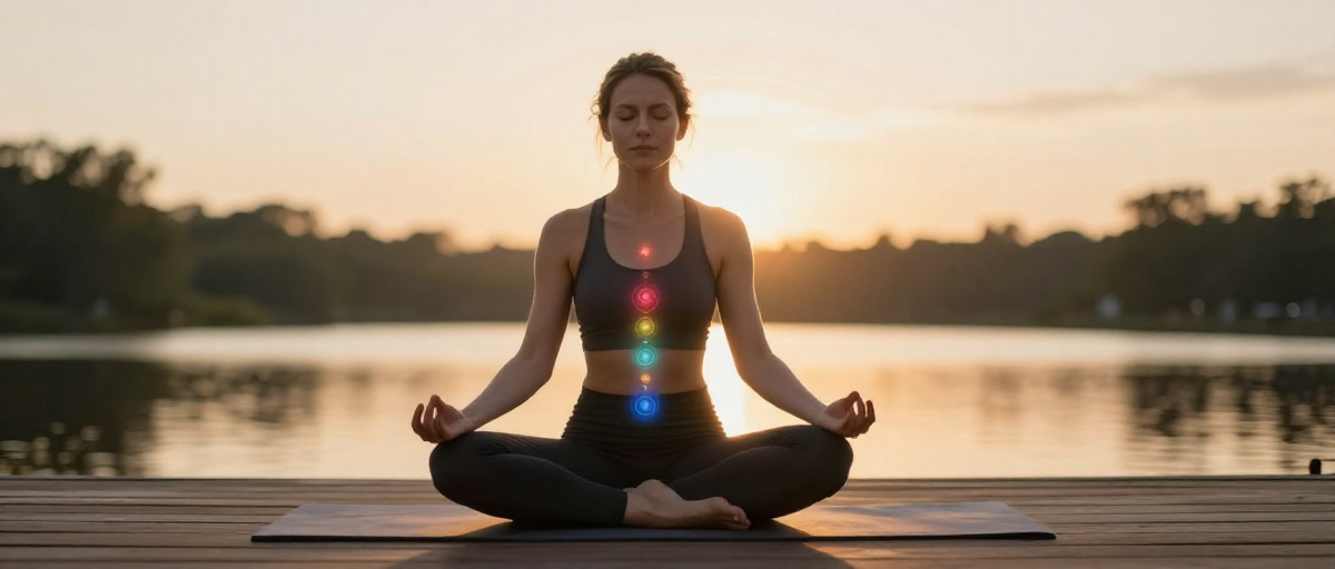 femme meditant sur un ponton au lac