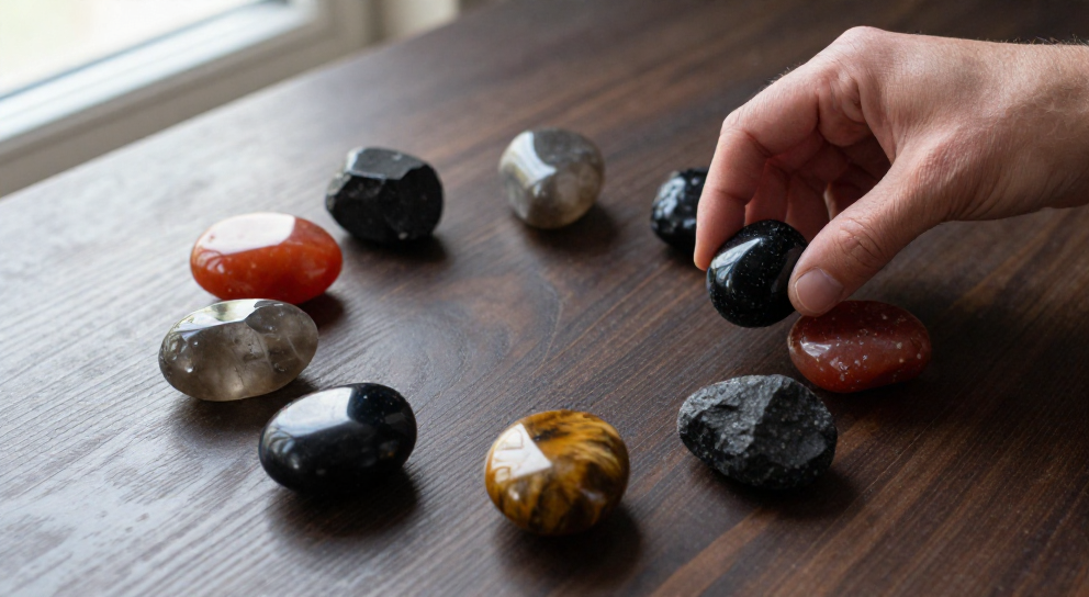 pierres du chakra racine sur table