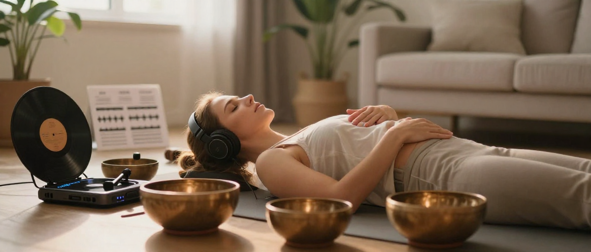 meditation avec casque et bols tibetains
