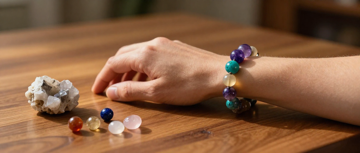 bracelet chakra sur table en bois