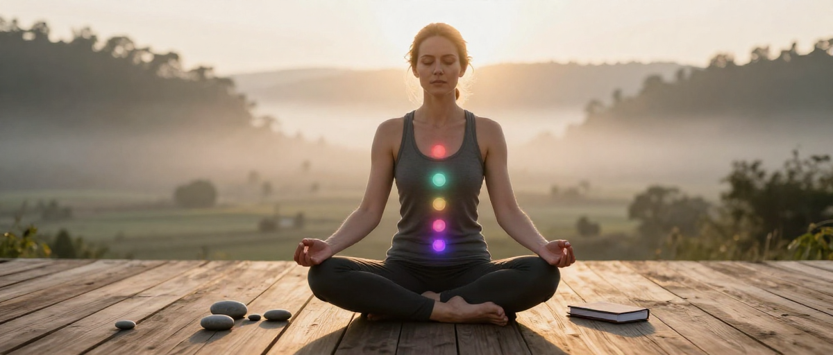 femme meditante sur terrasse bois chakras