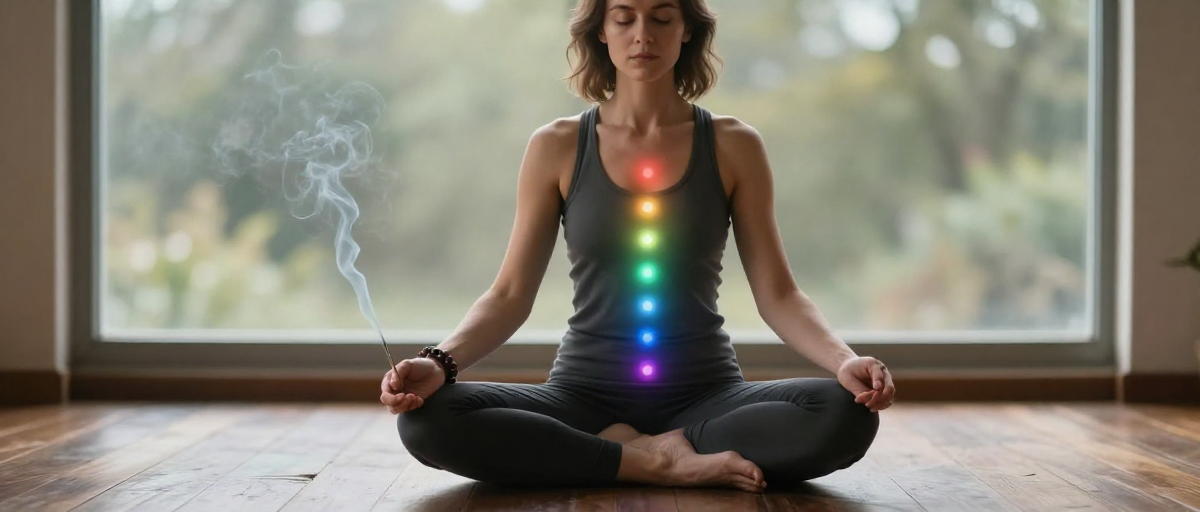 femme en lotus avec mala et chakra